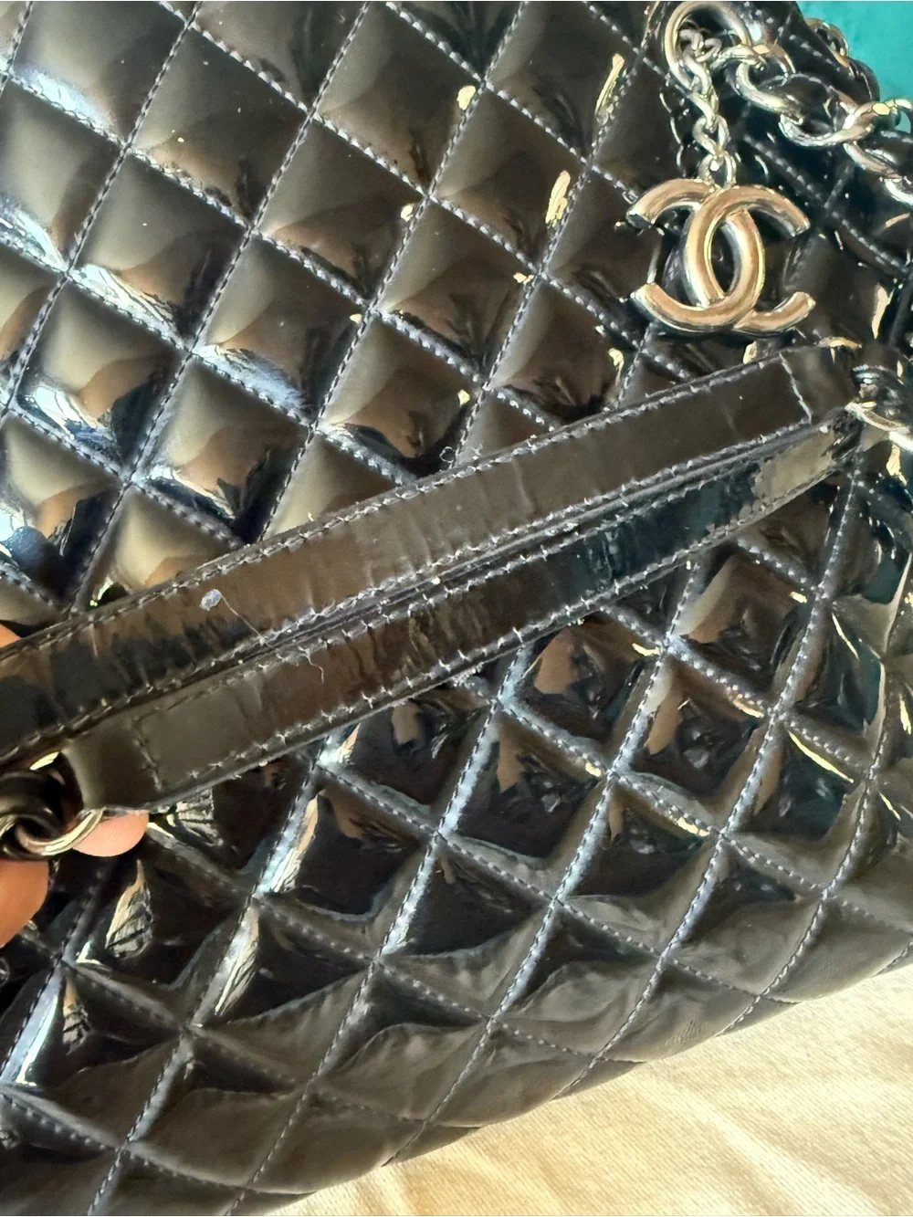 CHANEL Black Quilted Patent Shoulder Bag with Chain Strap and CC Charm